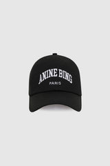A black baseball cap with 'ANINE BING PARIS' embroidered in white on the front, set against a light gray background.