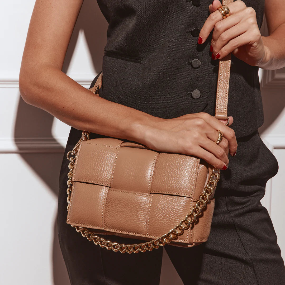 Margot Leather Woven Bag - Light Tan