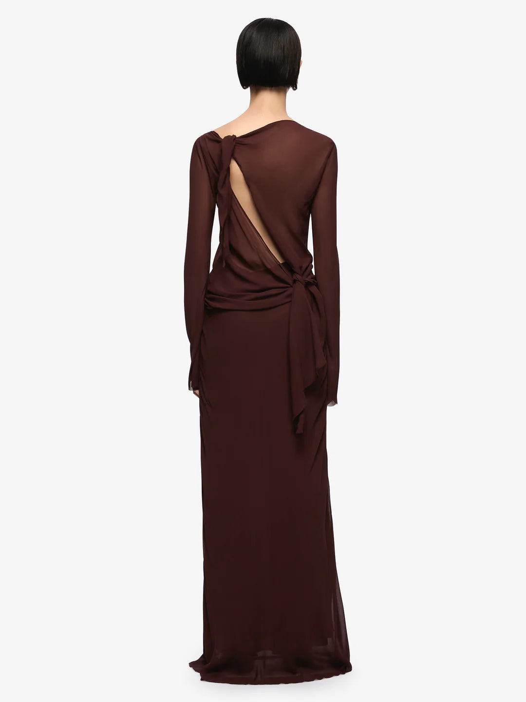 Brown evening gown with long sleeves and open back on a white background