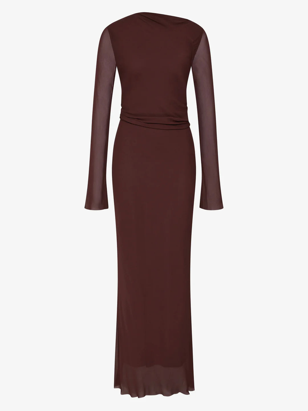 Brown dress with sheer sleeves on a white background
