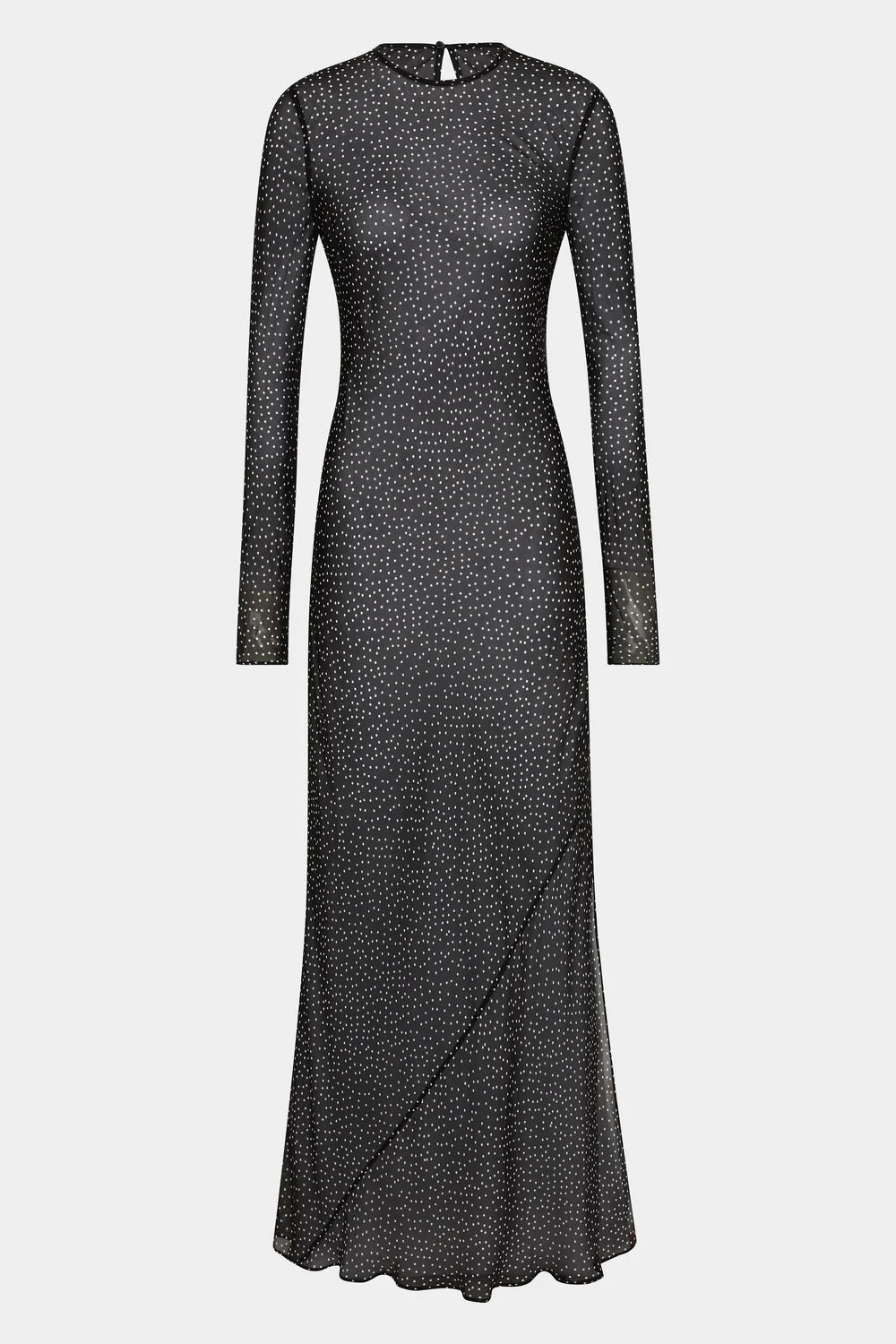 A long-sleeve, floor-length black dress with a dense small white speckled pattern, shown against a light gray background.