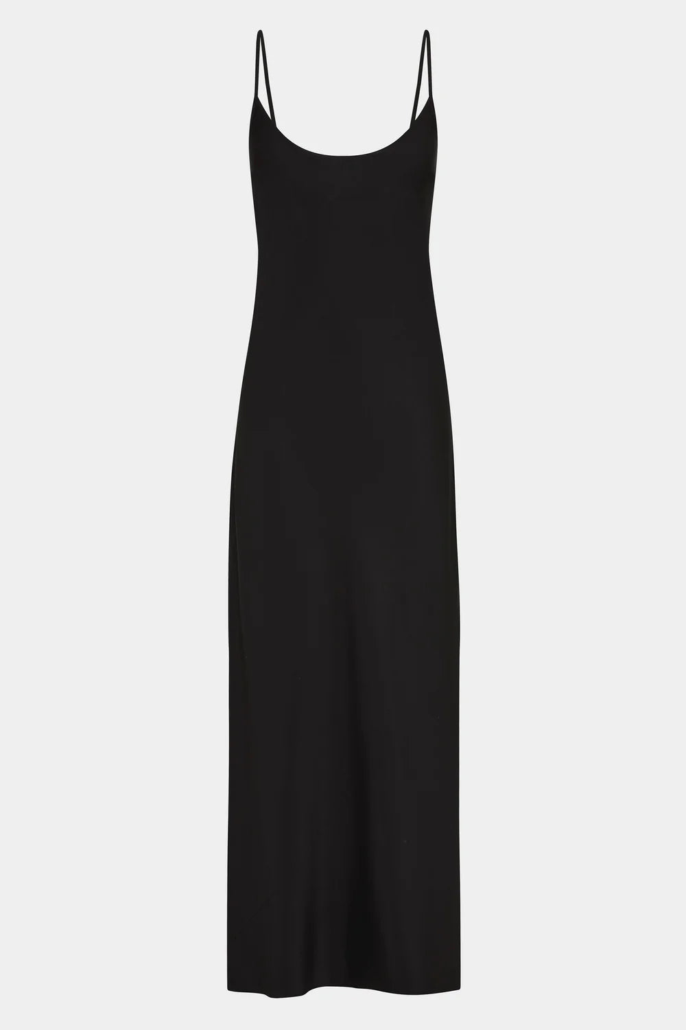 A black sleeveless slip dress with thin spaghetti straps, shown against a plain light gray background.