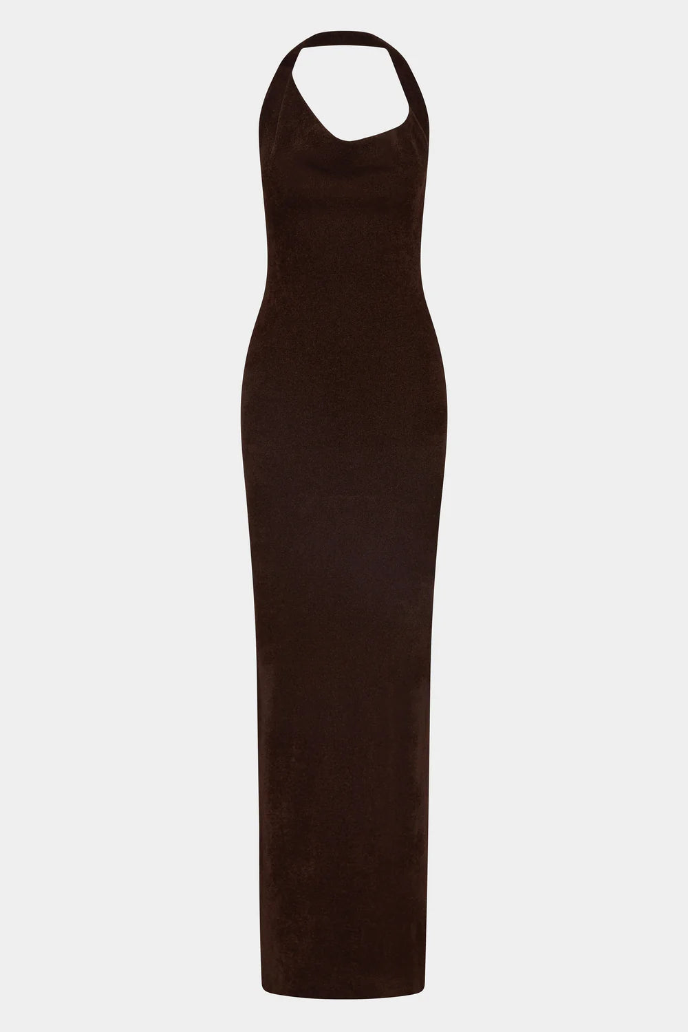 Brown halter neck dress on a white background