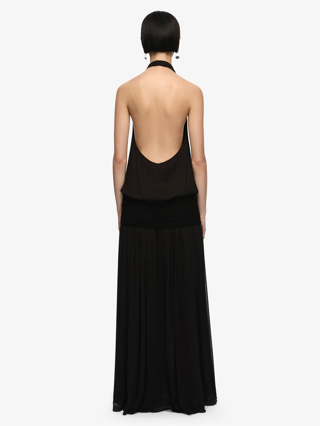 Black halter neck gown on a white background