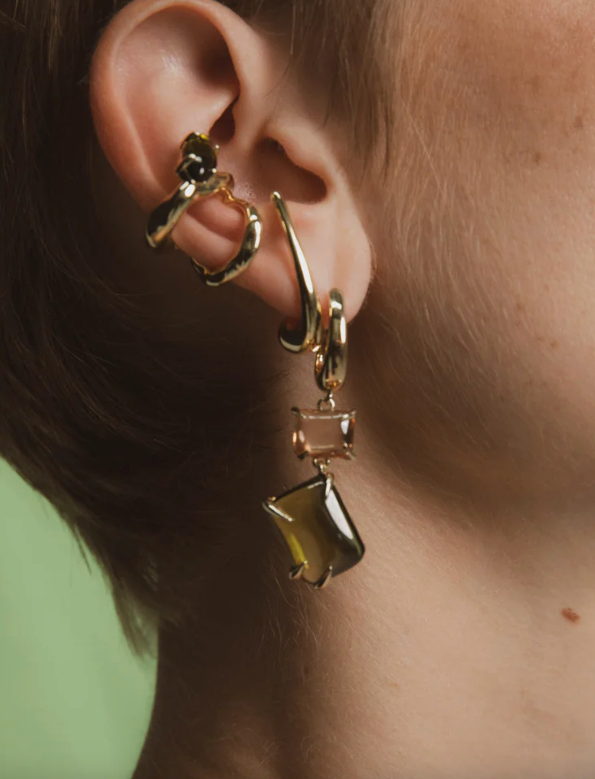 Double Drop Claw Earrings - Brass + 18k Gold with Citrine + Peridot