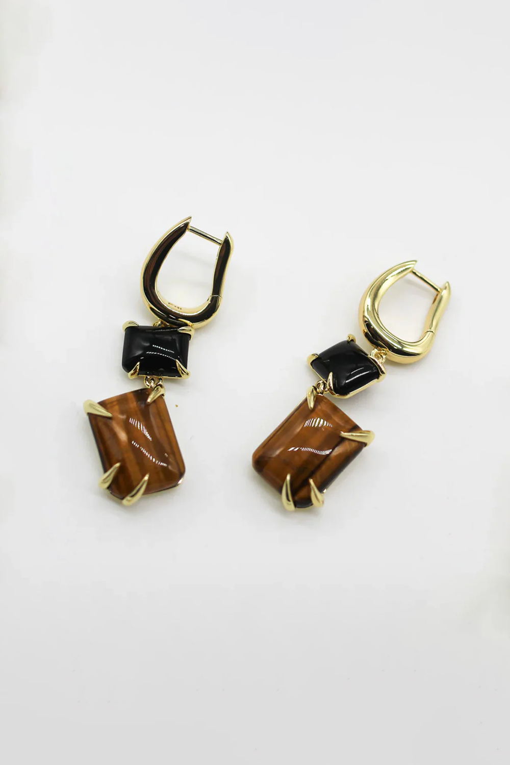 Double Drop Claw Earrings - 18k Gold with Tigers Eye + Onyx