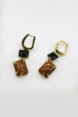 Double Drop Claw Earrings - 18k Gold with Tigers Eye + Onyx