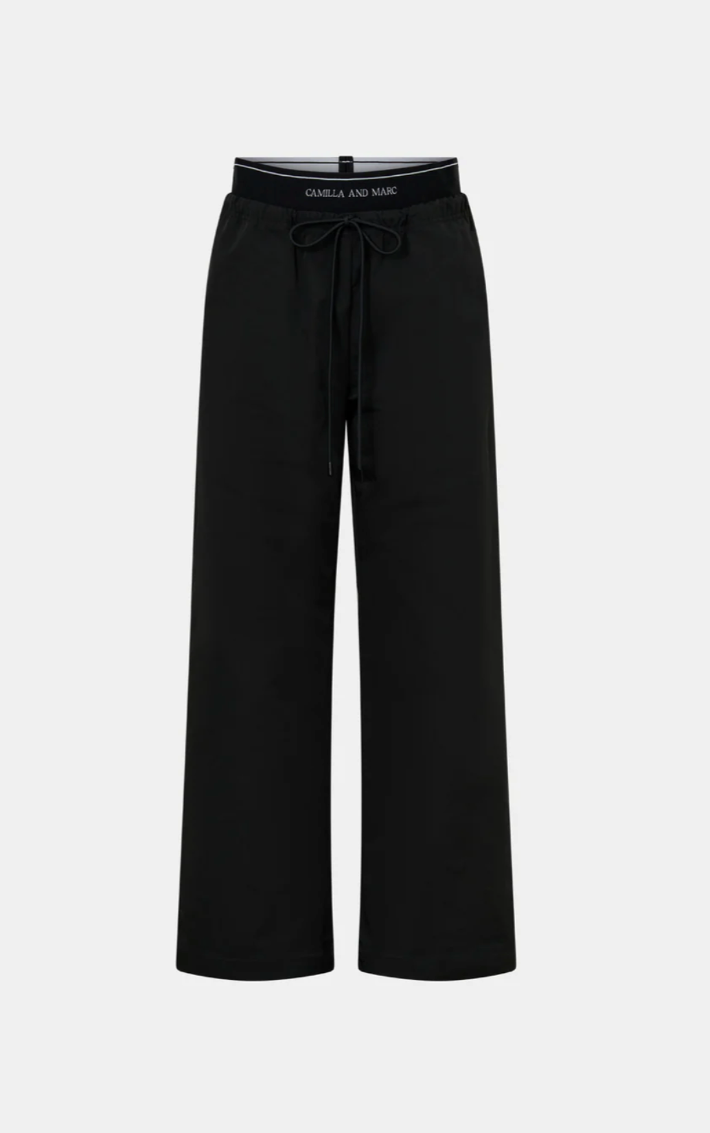 Black wide-leg pants with a tie waist on a white background