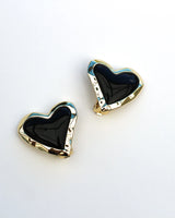 Whitney Heart Statement Earrings - Brass + 18K Gold Plating + Onyx