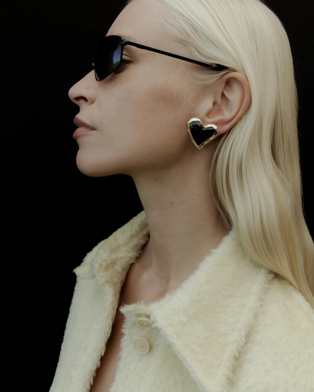 Whitney Heart Statement Earrings - Brass + 18K Gold Plating + Onyx