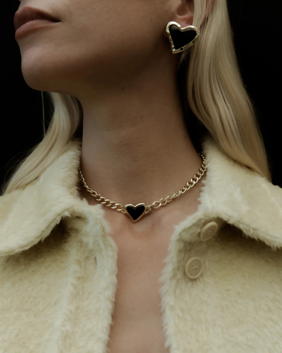 Whitney Heart Statement Earrings - Brass + 18K Gold Plating + Onyx